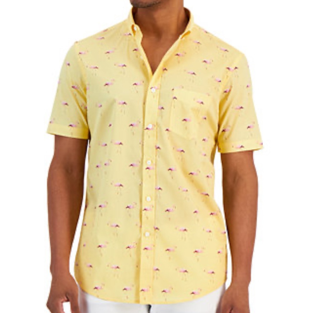 Sonoma Perfect Length yellow flamingo print casual short sleeve button down XL